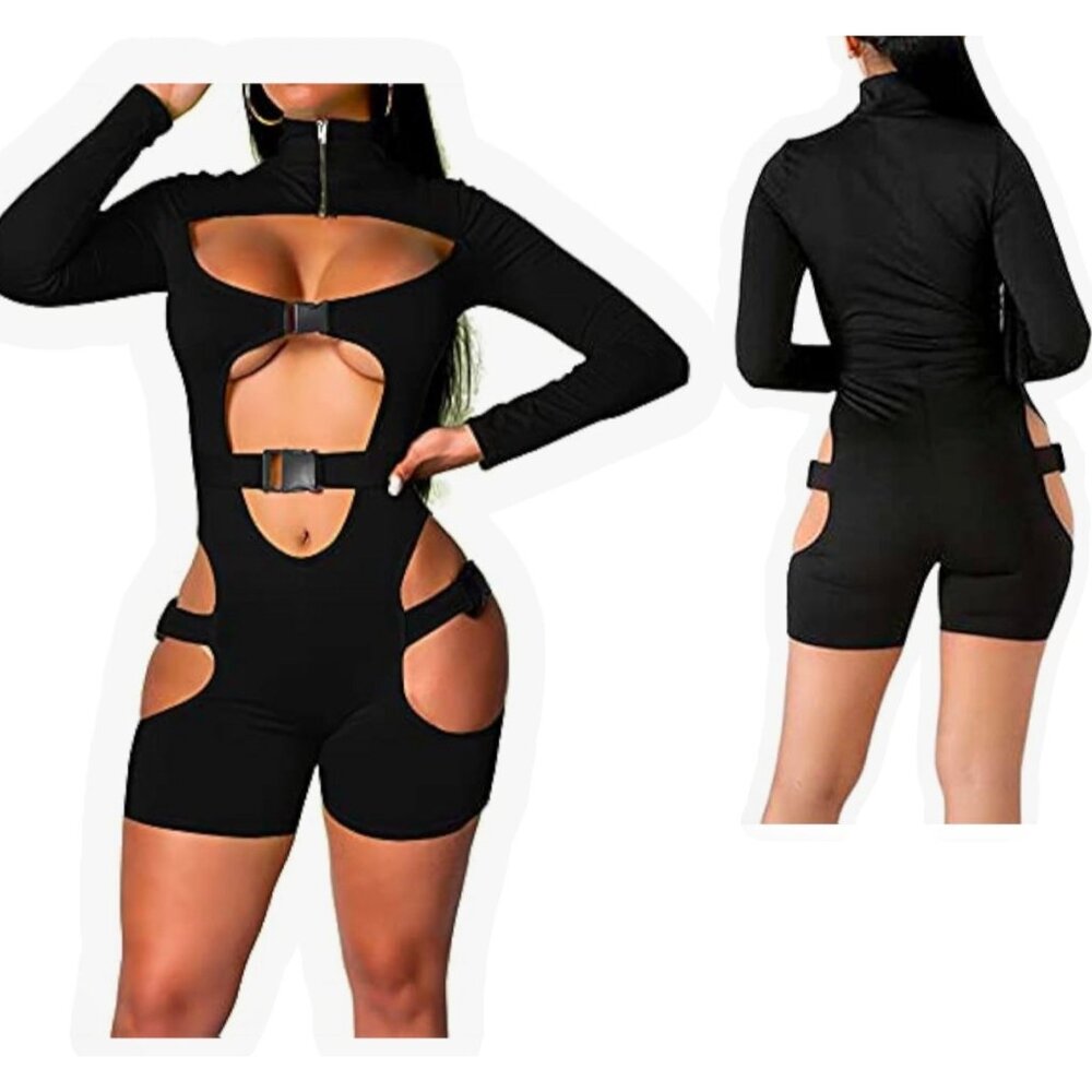 Black Cut-Out Long Sleeve Sexy Romper Cut Out Bodysuit Sexy Shorts Size Small